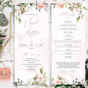 May include: A wedding ceremony program with a floral design featuring pink and white flowers. The program lists the wedding date, time, and the order of events for the ceremony. The names Sarah and Matthew are featured in the title.