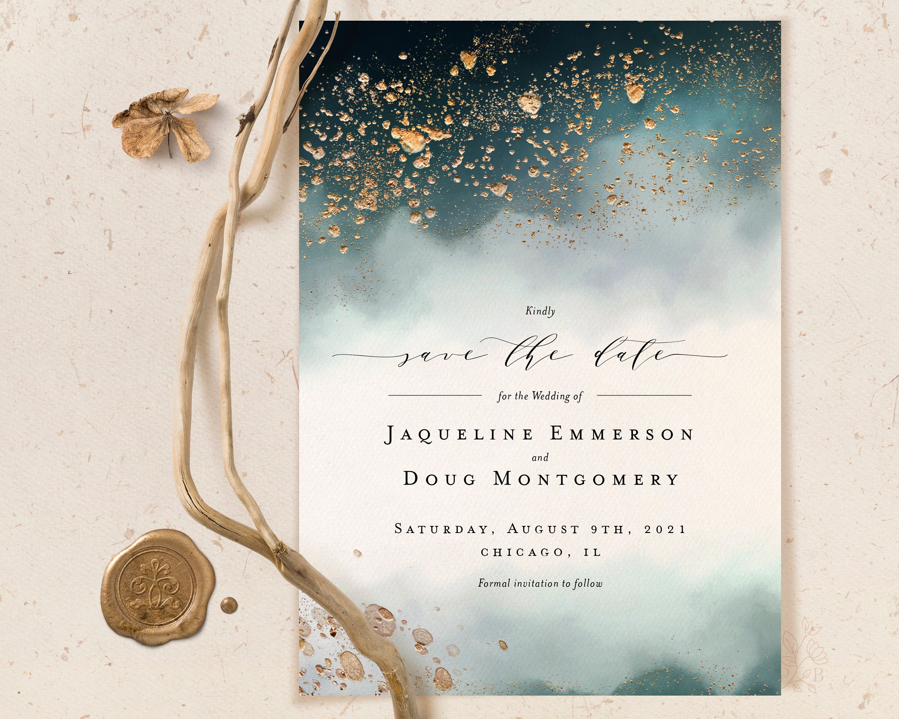 Blue and Gold Save the Date Card Printable Watercolor Faux Etsy
