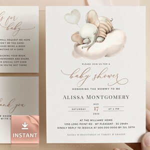 BIM - Elephant Baby Shower Invitation Template, Sleeping Peanut For All Genders, Printable Baby Shower Invite & Inserts, DIY Custom Editable