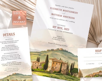 Tuscany Destination Wedding Invitation - Elegant Terracotta Script Vintage Design - Perfect for Tuscan Theme Weddings Burnt Orange