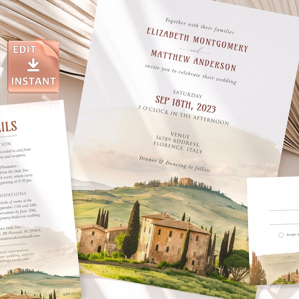 Hochzeitseinladung in der Toskana - Elegantes Terrakotta-Schrift-Vintage-Design - Perfekt für toskanische Themenhochzeiten