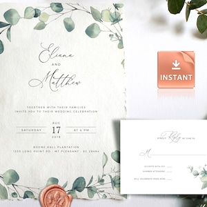 LAILA - Bohemian Wedding Invitation Template Set with Eucalyptus Greenery, Instant Download, Printable, Editable Boho Marriage Suite