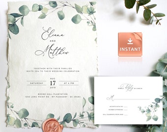 Eucalyptus Greenery Wedding Invitation Set: Bohemian Printable Template (Instant Download)