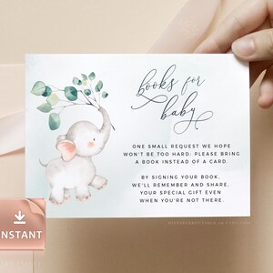 JOY - Bücher für Baby Karten, Baby-Dusche-Vorlage, Aquarell Baby-Elefanten-Einsätze für Jungen Mädchen, druckbare Eukalyptus-Baby-Dusche-Einsatz