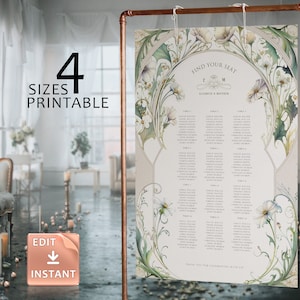 Vintage Daisy zitplaatsen grafiek bruiloft sjabloon Art Nouveau Mucha klassieke bewerkbare aanpasbare retro art deco thema brullende 20e madeliefjes