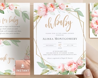 Pink Floral Baby Shower Invitation Set: Watercolor Flowers (Editable Printable)