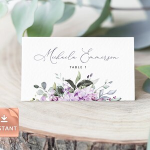 LILAC - Cartões de nome de casamento roxos, aquarela verde lilás, plano e tenda dobrada, DOWNLOAD INSTANTÂNEO, modelos de assentos editáveis, Avery