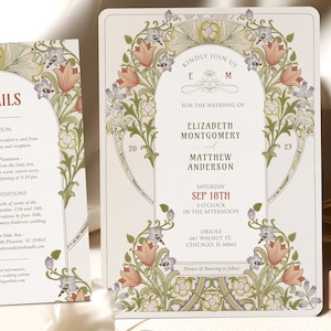 Victorian Wedding Invitation Template by William Morris Vintage Art Nouveau Classic Editable Customizable Retro Invite Floral 20th Theme