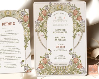 Victorian Wedding Invitation Template by William Morris Vintage Art Nouveau Classic Editable Customizable Retro Invite Floral 20th Theme