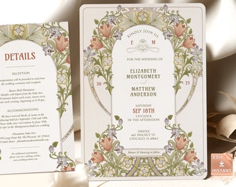 William Morris Wedding Invitation Template: Art Nouveau Floral (Editable)