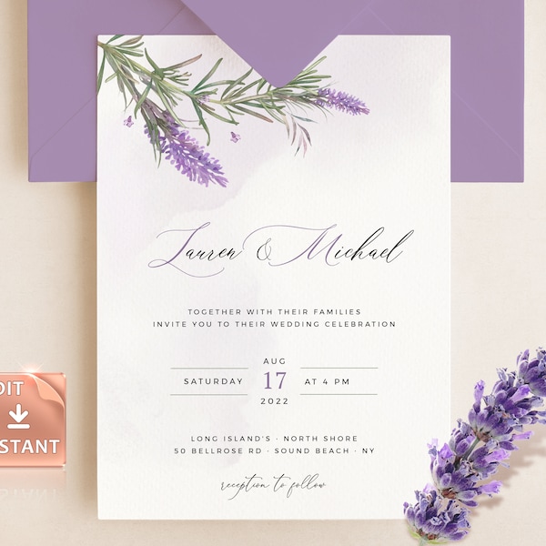 LAMI - Lavendel Rosmarin Hochzeit Einladung Vorlage, Lila Aquarell schwach grün einladen, Salbei Garten Vorlagen, DIY Sofort Download