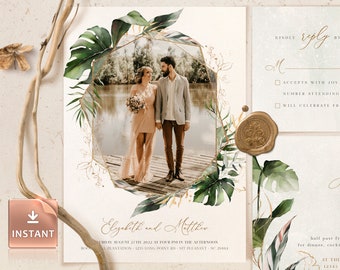 PAIGE - Picture Wedding Invitation Template, Tropical Wedding Invite Kit, Greenery Invitations, Botanical Editable Invites, Instant Edit