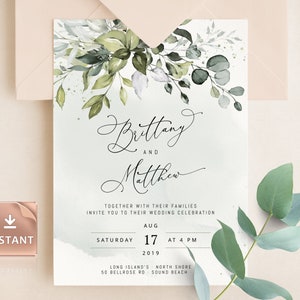 REESE - Invitación de boda boho con vegetación de eucalipto, plantillas de invitación editables y personalizables, Boutique de papel DIY