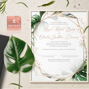 PAIGE - Tropical Greenery Heiratsurkunde Vorlage, Zertifikat Andenken, Botanische Kalligraphie Hochzeitsurkunde, Quaker Andenken
