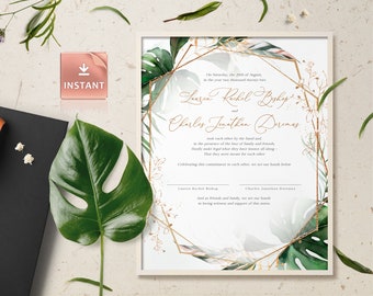 PAIGE - Tropical Greenery Marriage Certificate Template, Certificate Keepsake, Botanical Calligraphy Wedding Certificate, Quaker Keepsake