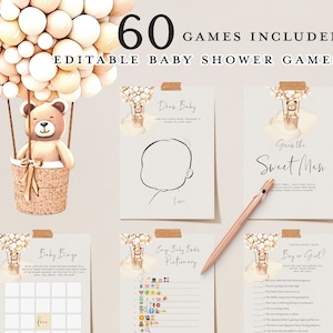 60 Bear Balloons Baby Shower Games, Editable Cute Baby Shower Game Bundle, Download, Brown Bear Cub, Printable DIY Party Virtual Baby Games