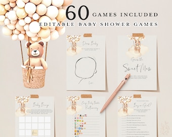 60 Bear Balloons Baby Shower Games, Editable Cute Baby Shower Game Bundle, Download, Brown Bear Cub, Printable DIY Party Virtual Baby Games