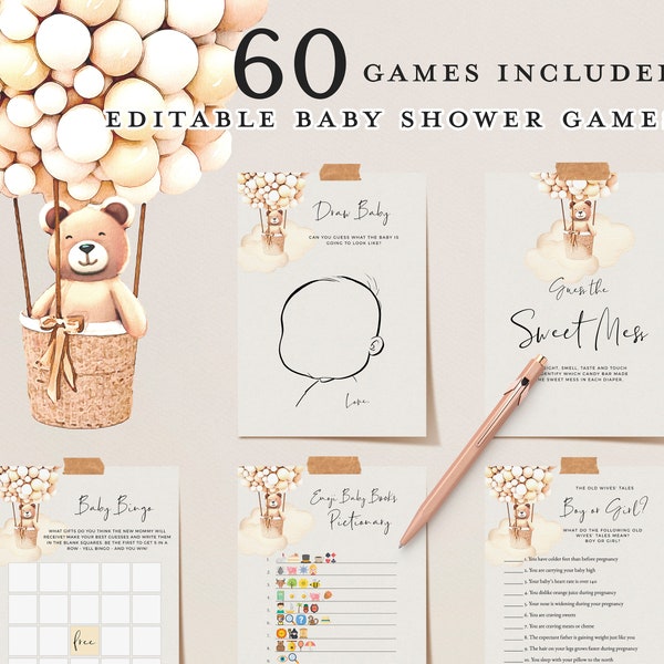 60 Bear Balloons Baby Shower Games, Editable Cute Baby Shower Game Bundle, Download, Brown Bear Cub, Printable DIY Party Virtual Baby Games