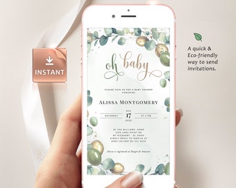 Green and Gold Baby Shower E-vite Template, Balloons, Greenery (Digital Download)