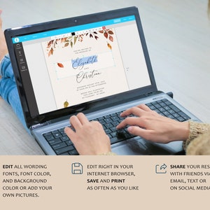 May include: A laptop computer displaying a wedding invitation template with a fall theme. The invitation features a watercolor design with leaves in shades of orange, yellow, and brown. The text on the invitation reads "You're invited to the wedding of Elizabeth and Christian".