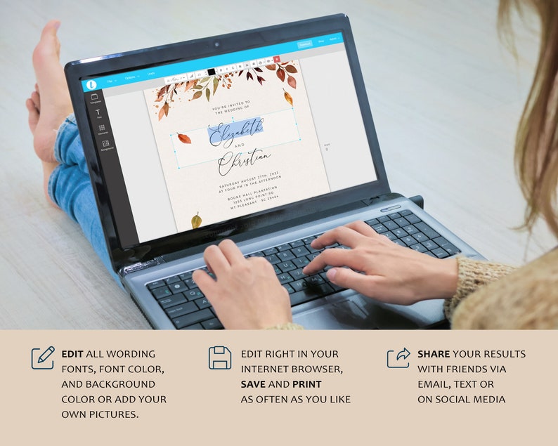 May include: A laptop computer displaying a wedding invitation template with a fall theme. The invitation features a watercolor design with leaves in shades of orange, yellow, and brown. The text on the invitation reads "You're invited to the wedding of Elizabeth and Christian".