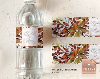 SIENNA - Fall Water Bottle Label, Waterbottle Wrap Label with Burnt Orange Foliage, Bottle Labels INSTANT Download Editable Labels, Autumn