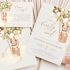 Orsetto verde e oro Invito per baby shower Avventura nell'aria calda Volando presto Genere neutro Orsetto con palloncino Modello doccia stampabile orsetto modificabile