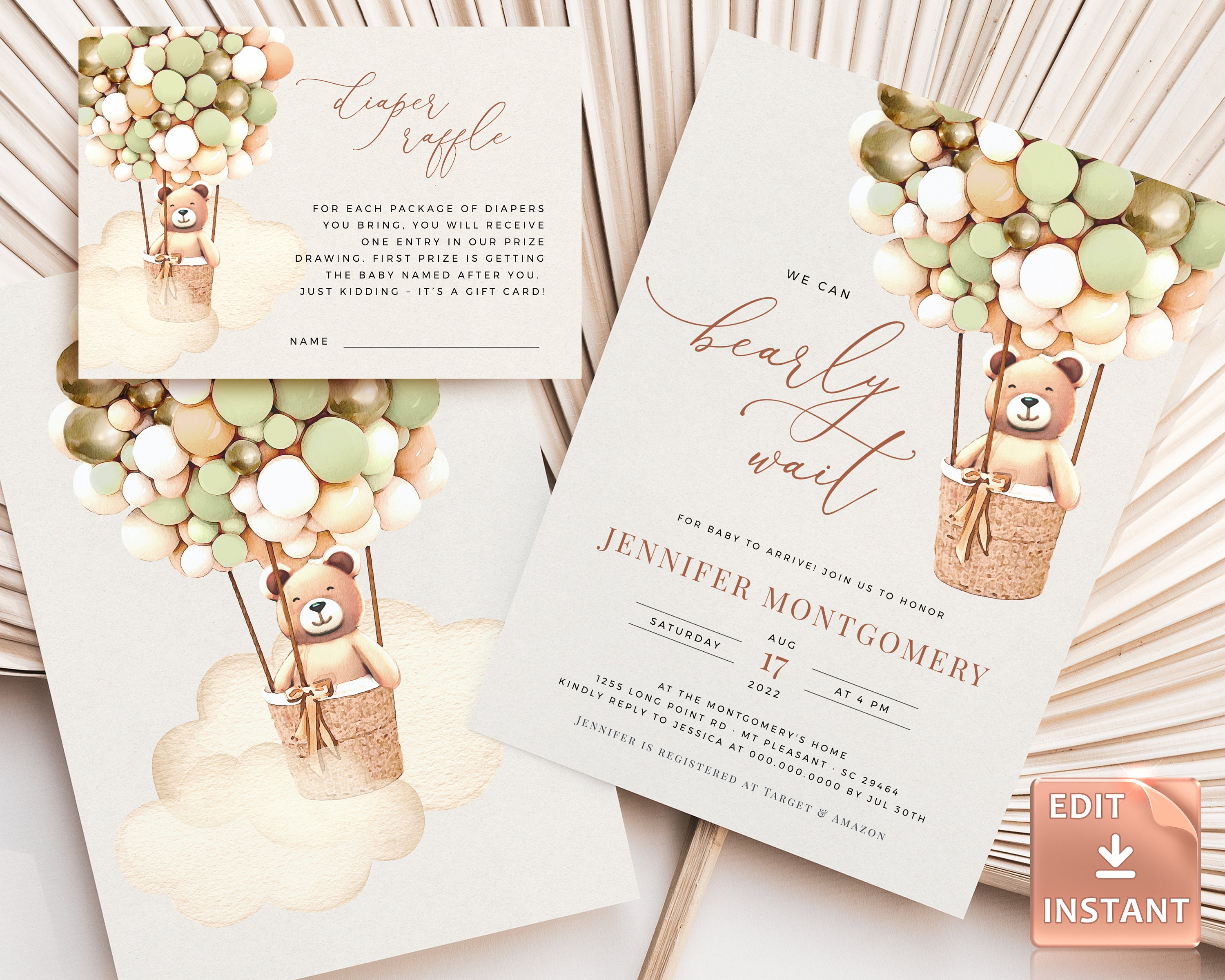 Green & Gold Bear Baby Shower Invitation: Hot Air Balloon Adventure (Printable Template)