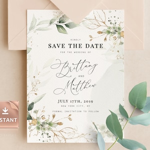CLEO - Bewaar de afdrukbare datumkaart, Boho Greenery met eucalyptus en goud, INSTANT DOWNLOAD, afdrukbare, bewerkbare sjabloon