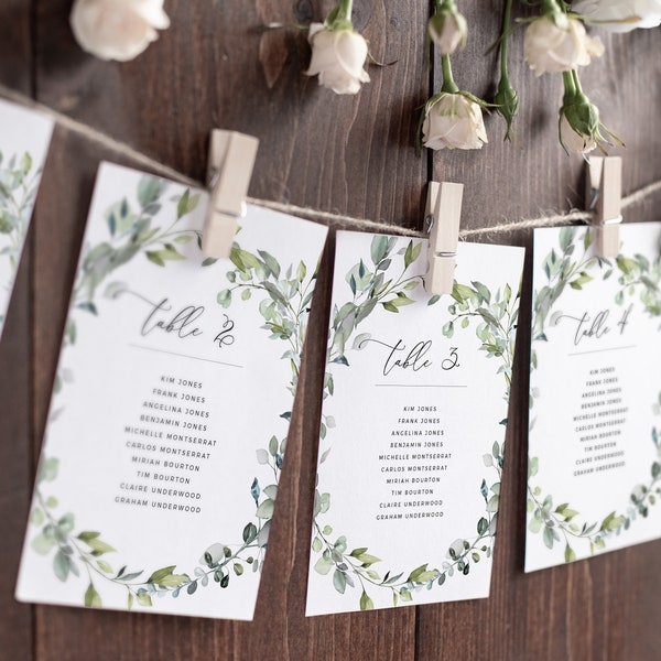 REESE - Wedding Seating Chart Template with Hand-Painted Watercolor Eucalyptus Greenery Seating Plan Editable Template Table Assignment Card