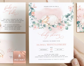 Pink Sheep Baby Shower Invitation: Eucalyptus Lamb (DIY Editable)