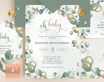 Eucalyptus Baby Shower Invitation Bundle: Gold Balloons (Printable)