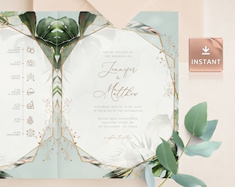 PAIGE - Botanical Folded Wedding Invitation Template, Bi-Fold Wedding Invite Template, Wedding Invitation Template Download, Foldable Invite
