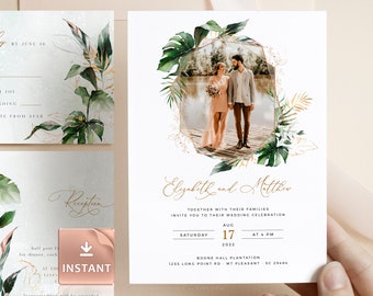 PAIGE - Photo Wedding Invitation Template, Tropical Picture Wedding Invite, Greenery Invitations, Botanical Editable Invites, Picture Invite