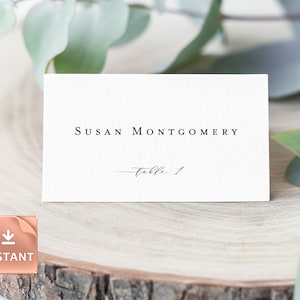 ELLE - Tarjeta de nombre de mesa imprimible minimalista, tarjetas de lugar de boda, etiquetas de invitados plegables en tienda, planas y plegadas en tienda, plantilla de asientos editables con bricolaje
