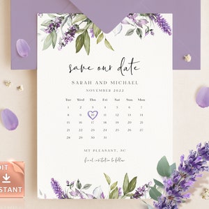 LAMI - Lavendel Save the Date Kalender, Lila Save the Date Kalender, druckbare lila Vorlage, DIY bearbeitbarer benutzerdefinierter Kalender Save Date