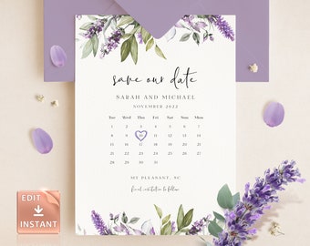 LAMI - Lavender Save the Date Calendar, Purple Save Our Date Calendar, Printable Lilac Template, DIY Editable Custom Calendar Save Date