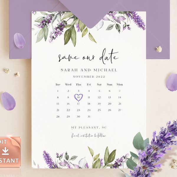 LAMI - Lavender Save the Date Calendar, Purple Save Our Date Calendar, Printable Lilac Template, DIY Editable Custom Calendar Save Date