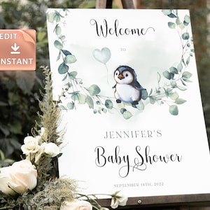 CARUSO - Signo de bienvenida del baby shower del pingüino, signo de baby shower de género neutro, signo de bienvenida del bebé editable, signo de bienvenida, señalización de bienvenida