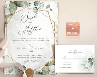 REESE - Geometric Greenery Wedding Invitation, Boho Watercolor Eucalyptus Wedding Invite Template, Bohemian Wedding Suite, Instant Download