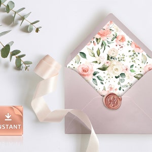 Printable Envelope Liner, A6 and A7 Euroflap & Square Flap Template with Blush Rose Greenery, INSTANT DOWNLOAD, DIY Printable Euro Flap