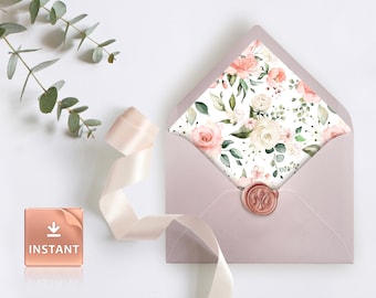 Blush Rose Greenery Envelope Liner Template: A6, A7 Euro & Square Flap (Instant Download)