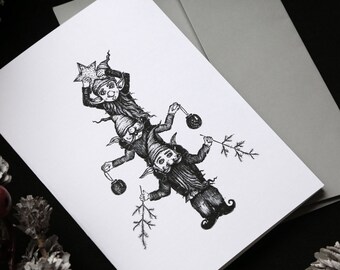 エルフのクリスマスカード、お祝いのイラスト、リネンカードストック