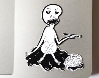 Op de afbeelding: Zwart-witte illustratie van een cartoonfiguur met een groot hoofd en een brein dat op een zwarte vlek zit. Het figuur houdt een penseel in zijn hand.