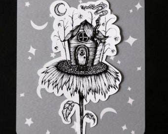 Cottage Sunflower Weatherproof Sticker, Whimsical Cottagecore Art
