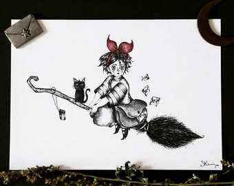 Witch Delivery Art Print, Black Cat, Kawaii Ghibli Style