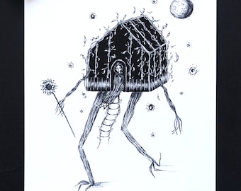 Botanical Baba Yaga Art Print, Witchy Cottagecore Decor