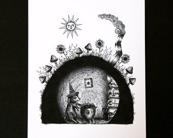 Witch Rabbit Burrow Print, Halloween Art, Witchy Decor