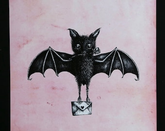 Pink Love Bat-print, gotische spookachtige kunst (5 x 5 of 8 x 8)
