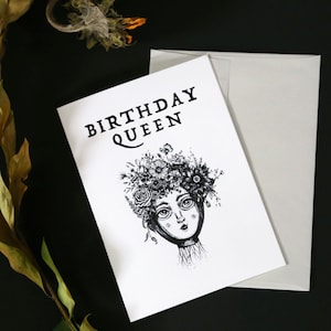 Cartão de aniversário da rainha, aniversário de primavera verão, rainha de maio, cartão de aniversário, cartão de aniversário exclusivo e peculiar, aniversário de maio, Midsommar, Cottagecore, Witchy